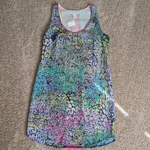 Charlie Jade Multicolor Watercolor Hot Pink Racing Stripe Lined Shift Tank Dress